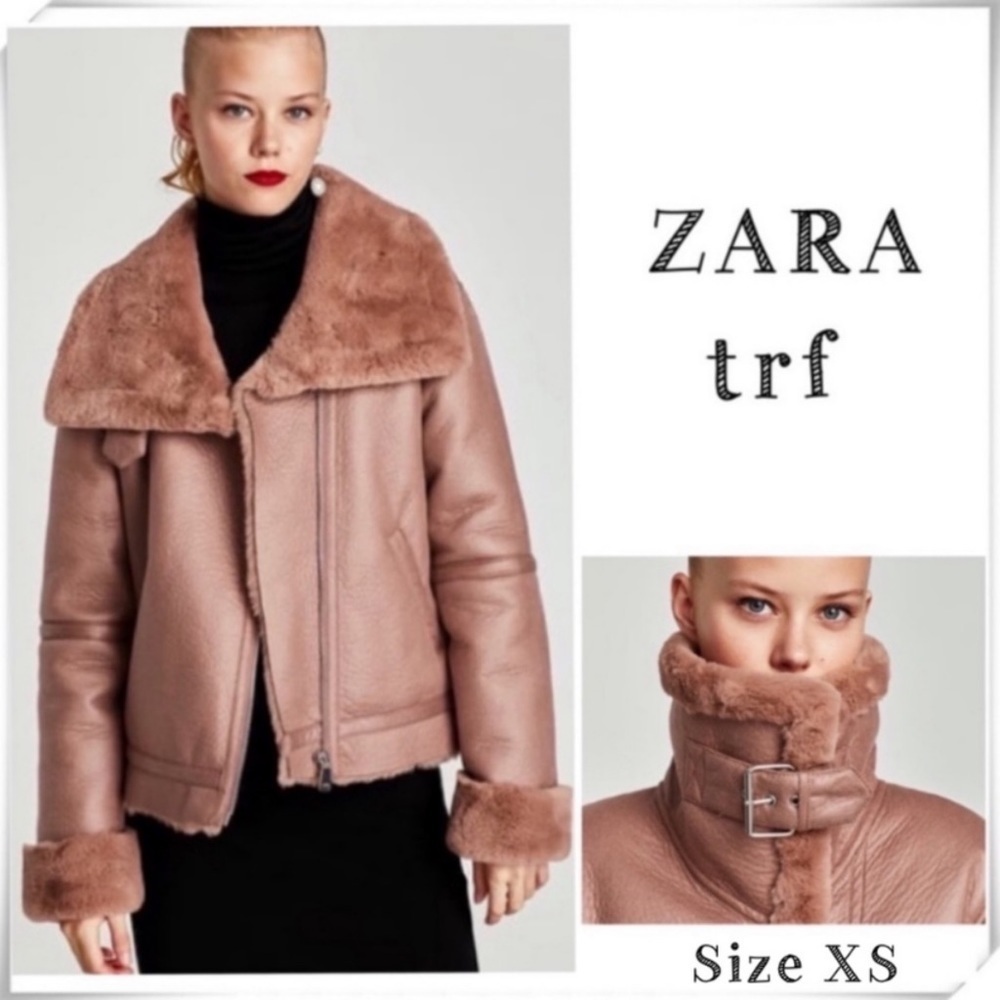 Zara Faux Leather Fur Dabble Faced Shearling Moto Jacket Coat in Brush Pink